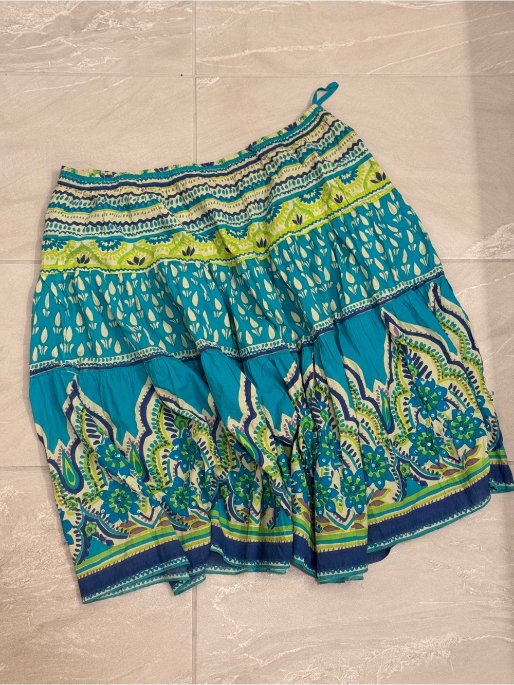Boho Tiered Floral Midi Skirt Hippie Beaded Cotton Festival